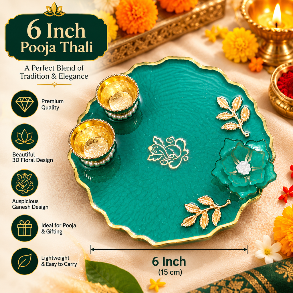 6 Inch Green Pooja Thali for Mandir & Festive Decoration