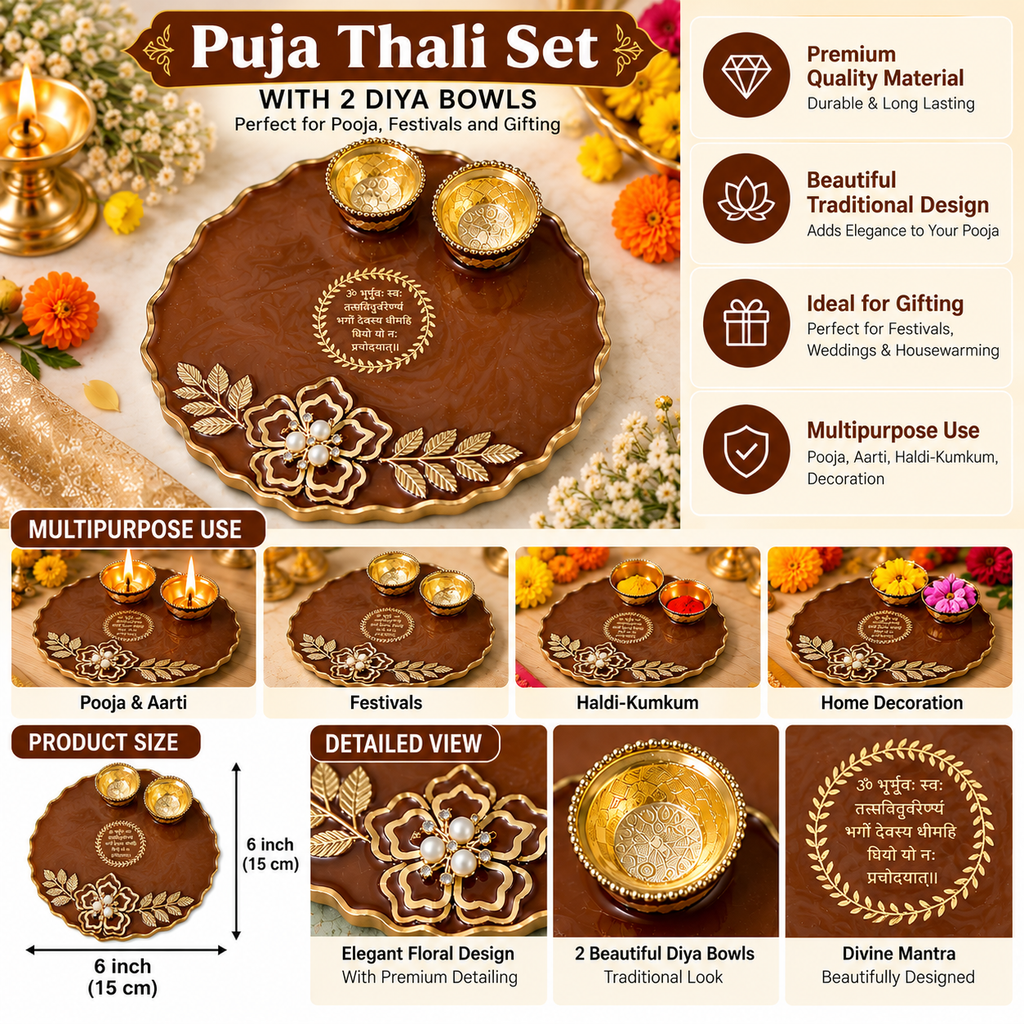 6 Inch Decorative Pooja Thali for Daily Puja, Traditional Puja Plate for Diwali, Karwa Chauth, Mandir & Festival