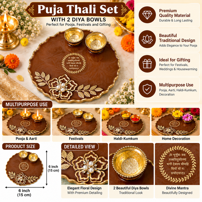 6 Inch Decorative Pooja Thali for Daily Puja, Traditional Puja Plate for Diwali, Karwa Chauth, Mandir & Festival