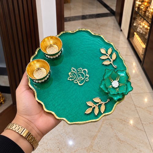 6 Inch Green Pooja Thali for Mandir & Festive Decoration
