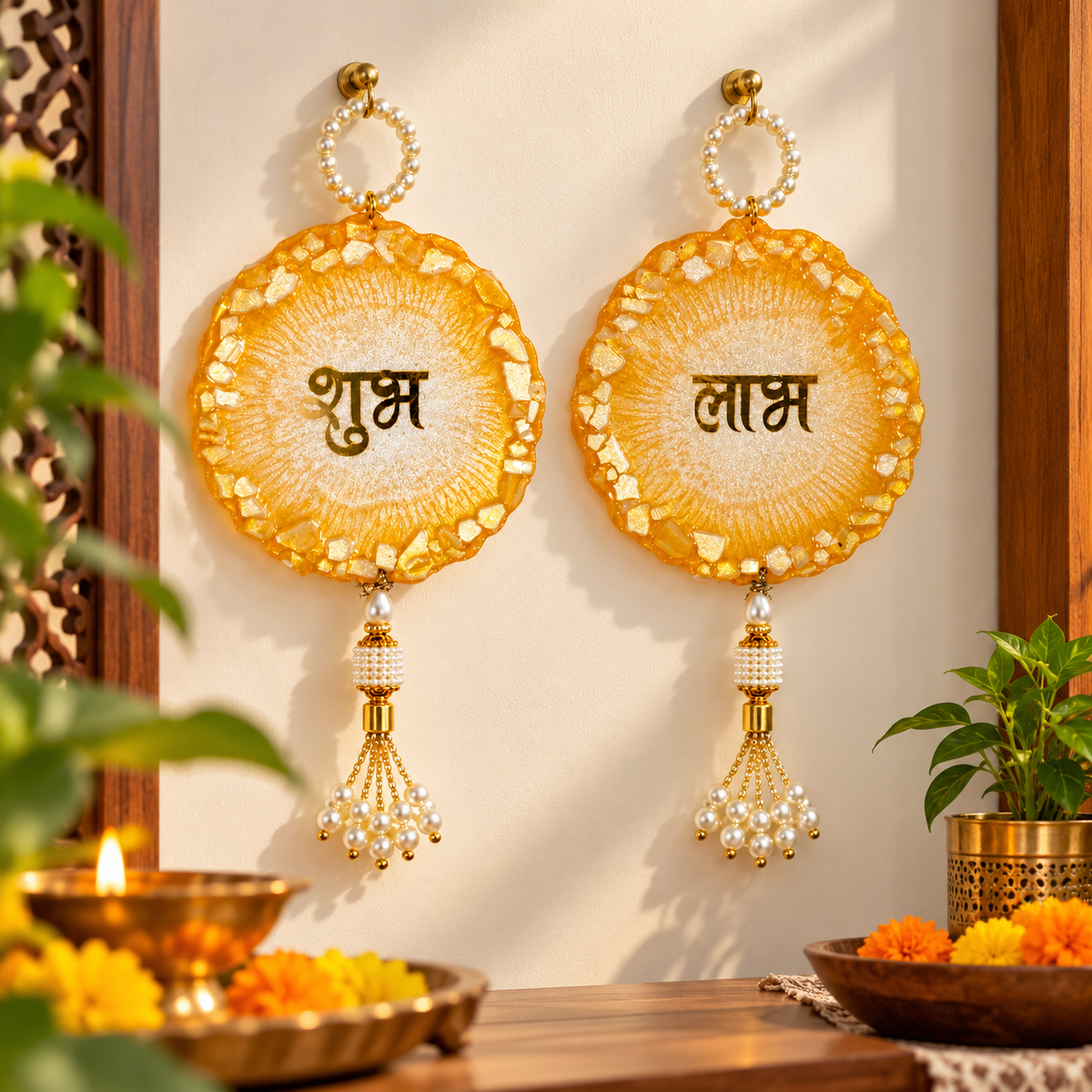 Handcrafted Resin Shubh Labh Hanging Set | Elegant Diwali Toran & Festive Home Decor
