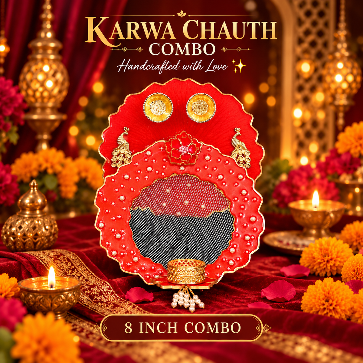 Handcrafted 8-Inch Karwa Chauth Thali & Chhanni Set | Elegant Festive Gift for Wife