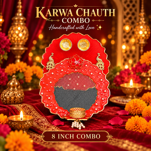 Handcrafted 8-Inch Karwa Chauth Thali & Chhanni Set | Elegant Festive Gift for Wife
