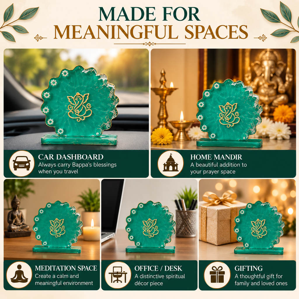 Ganesha Resin Art Car Dashboard Decor | Handmade Religious Symbol Showpiece | Premium Resin Spiritual Ornament for Car Dashboard, Home Temple, Office Desk | Gift for Diwali & Housewarming