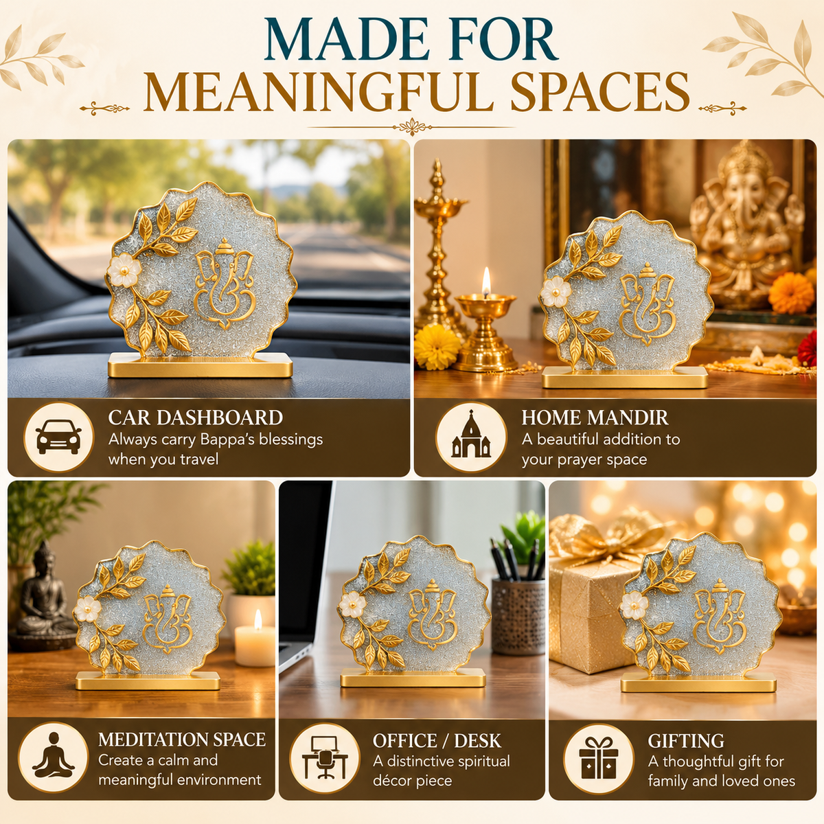 Ganesha Resin Art Car Dashboard Decor | Handmade Religious Symbol Showpiece | Premium Resin Spiritual Ornament for Car Dashboard, Home Temple, Office Desk | Gift for Diwali & Housewarming