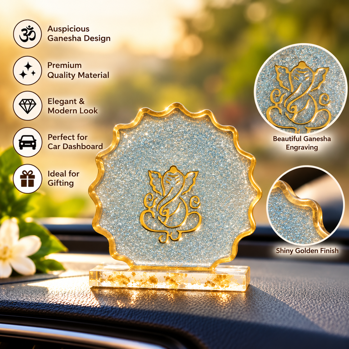 Ganesha Resin Art Car Dashboard Decor | Handmade Religious Symbol Showpiece | Premium Resin Spiritual Ornament for Car Dashboard, Home Temple, Office Desk | Gift for Diwali & Housewarming