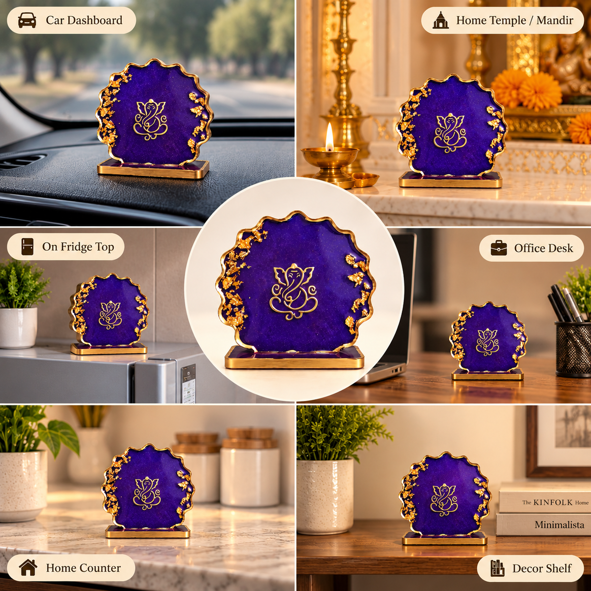 Premium Purple Gold Ganesh Ji Idol Decorative Stand for Home Decor, Mandir & Diwali Gift