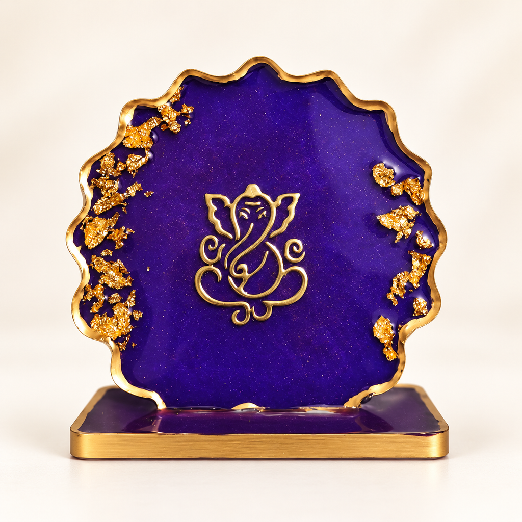 Premium Purple Gold Ganesh Ji Idol Decorative Stand for Home Decor, Mandir & Diwali Gift