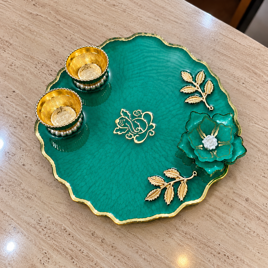 6 Inch Green Pooja Thali for Mandir & Festive Decoration