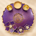 8 Inch Purple Golden Resin Pooja Thali Set with Decorative Bowls, Floral Design for Diwali, Karwa Chauth & Festive Gifting