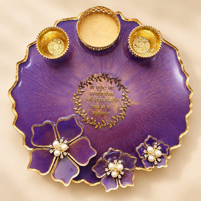 8 Inch Purple Golden Resin Pooja Thali Set with Decorative Bowls, Floral Design for Diwali, Karwa Chauth & Festive Gifting
